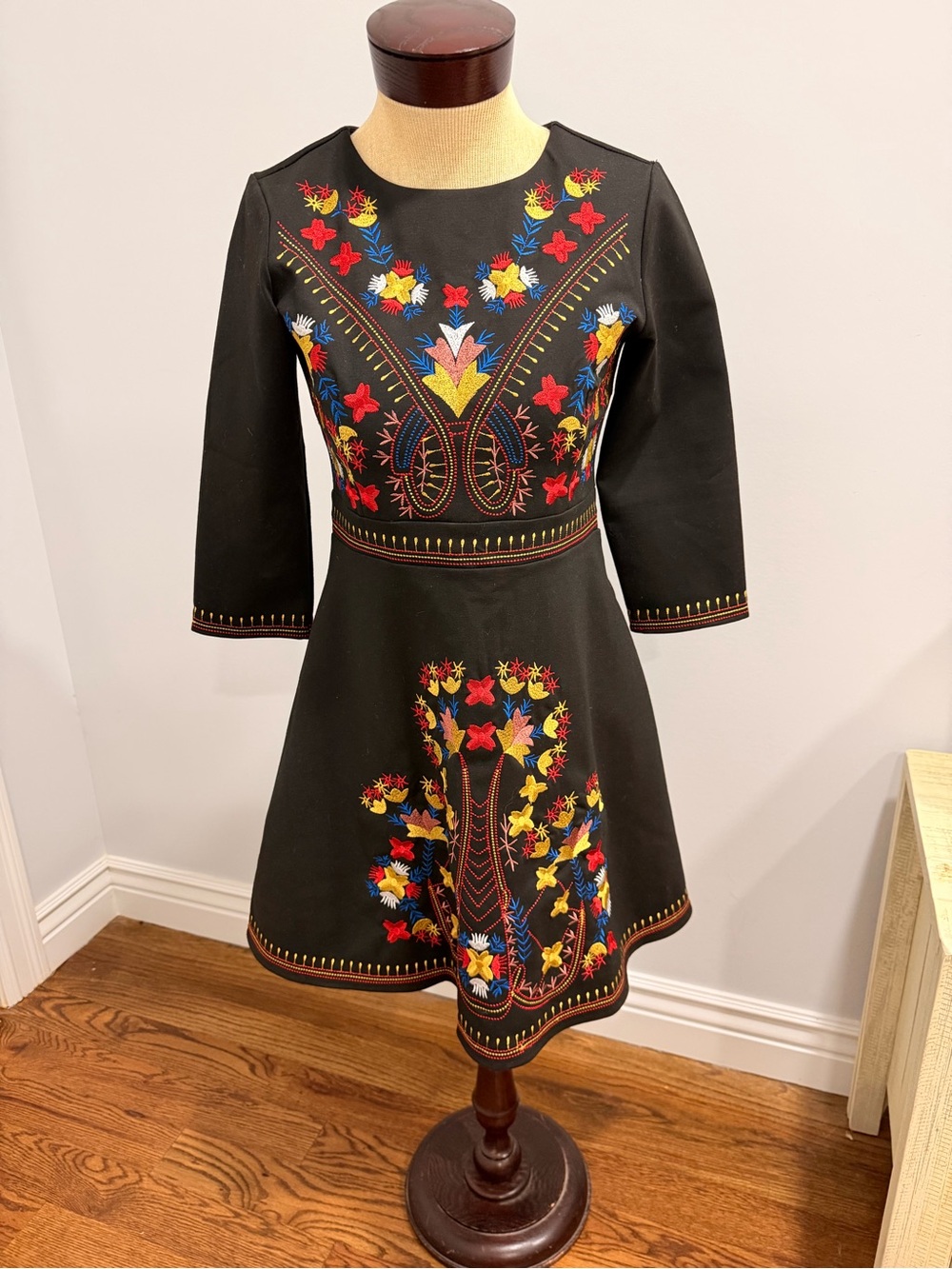 Black Embroidered Fit & Flare Mini Dress - Multicolor Floral Detail